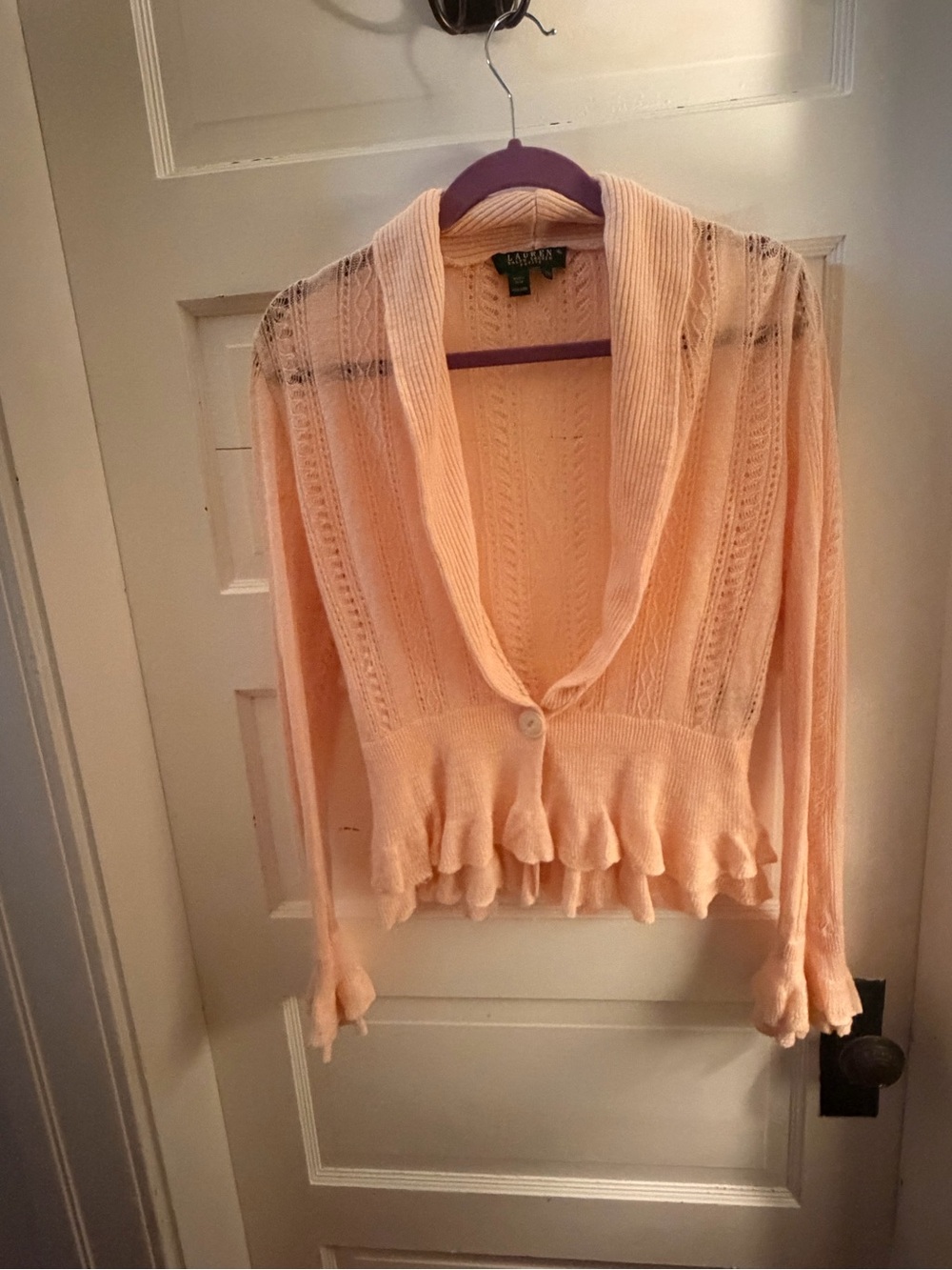 Lauren Ralph Lauren Peach Pointelle Ruffle Shawl-Collar Cardigan - Picture 2 of 5